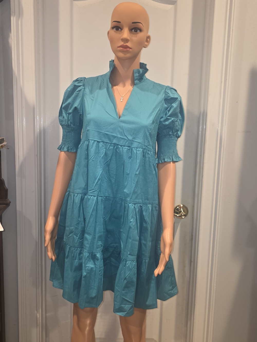 Tiered Puff-Sleeve Midi Dress in Teal Blue